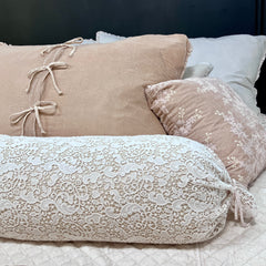 Allora Lace Bolster Cover from Bella Notte Linens in their new color, Natural.