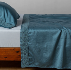 Bria Flat Sheet with Novola Lace from Bella Notte Linens in the color Cenote.