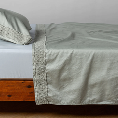 Bria Flat Sheet with Novola Lace from Bella Notte Linens in the color Eucalyptus.