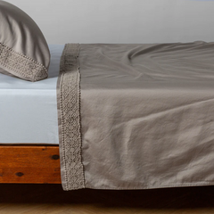 Bria Flat Sheet with Novola Lace from Bella Notte Linens in the color Fog.